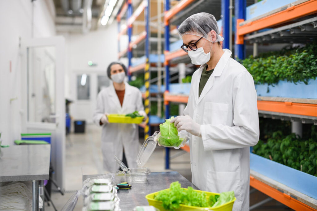 Side view workers with face mask aquaponic farm sustainable business coronavirus